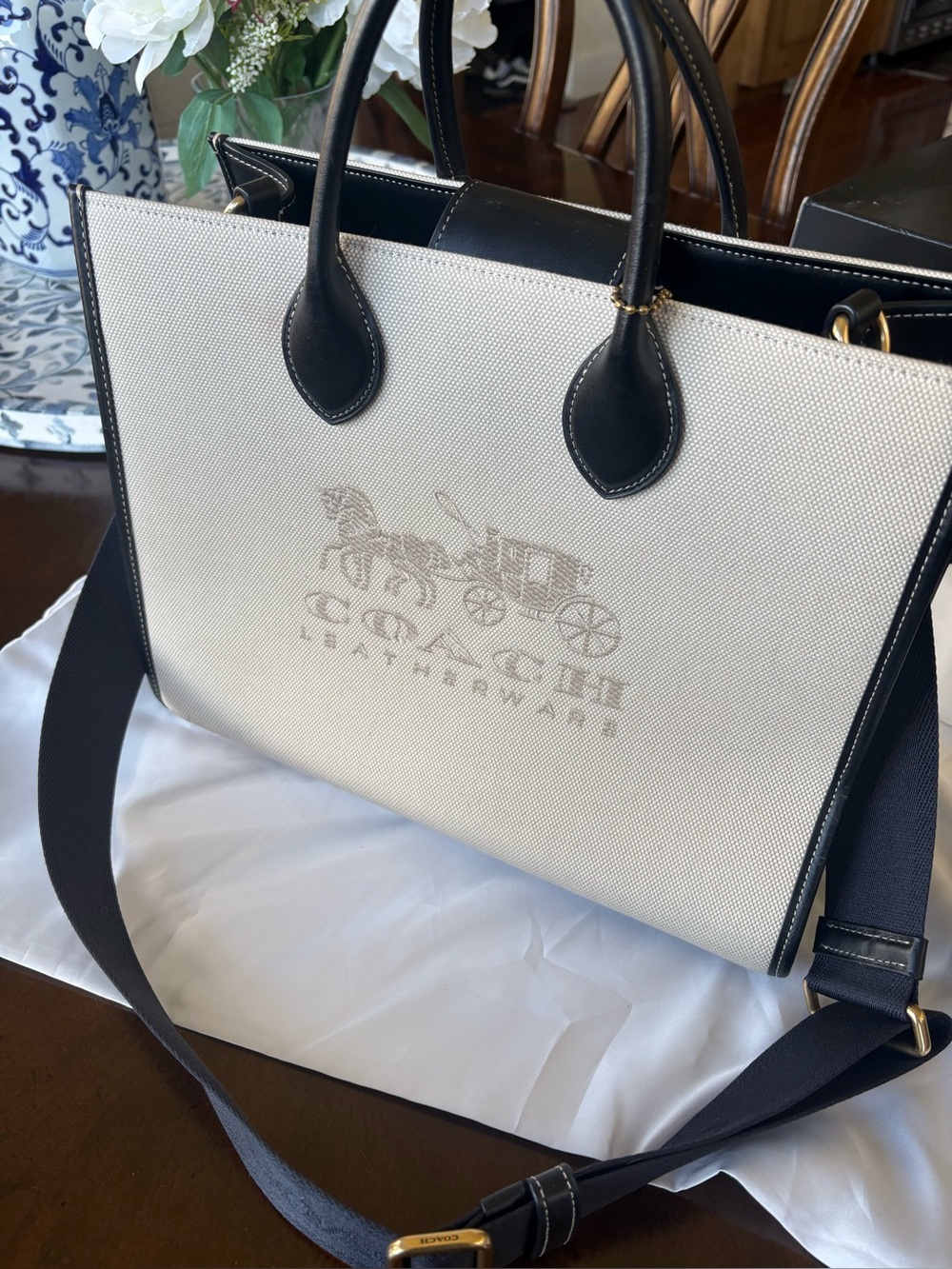 Coach Cream Canvas and Black Leather tote Bag